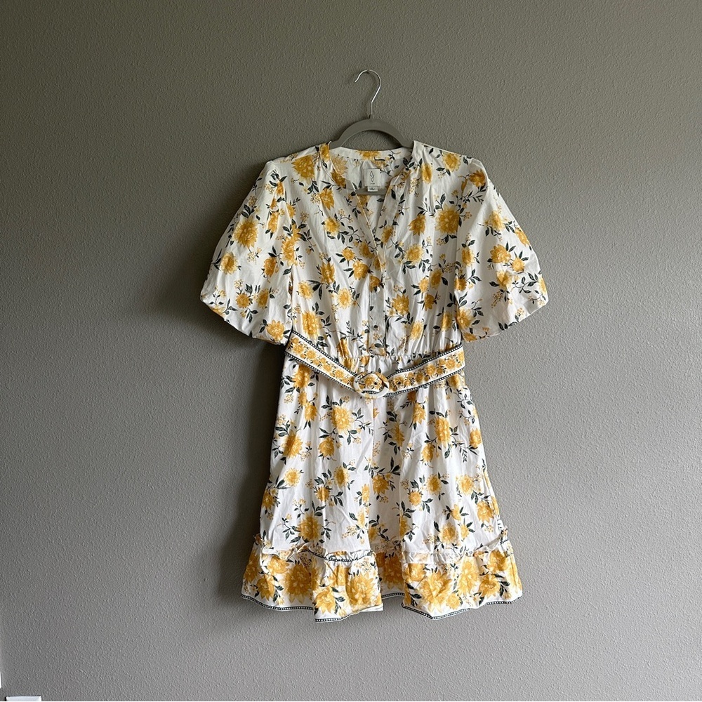 Joie Tiered Puff Sleeve Floral Yellow and White Dress with Belt 8